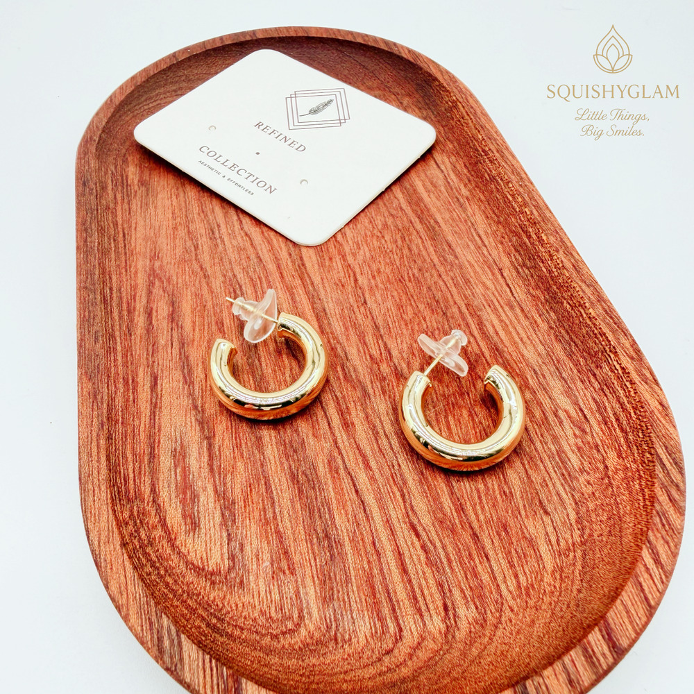 Gold Tone Chunky Hoop Stud Earrings | Minimal Polished Round Huggie Style